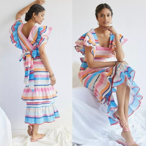 NWT Anthropologie Plenty by Tracy Reese Rainbow Ruffled Striped Maxi Dress Large - Picture 7 of 12